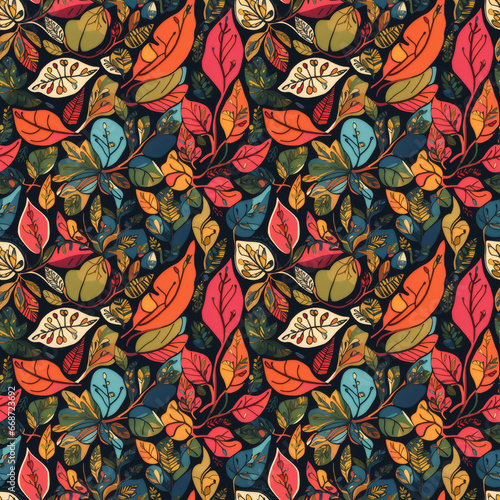 bright colorful leafy repeat pattern  nature theme seamless repeat pattern  generative ai