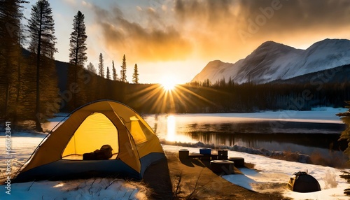 Camping next to a mountain lake during winter   spring