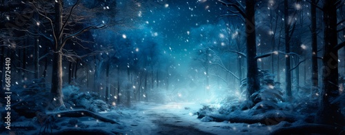 winter night forest background with stars, snowy trees and lights , winter and christmas concept, copy space for text