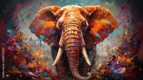 Animal portrait of an elephant as a colorful abstract oil painting