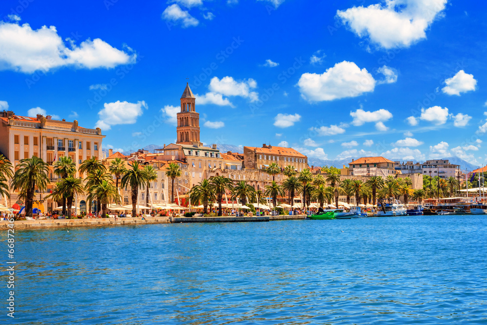 Coastal summer cityscape - view of the Riva promenade and the Old Town of Split, the Adriatic coast of Croatia