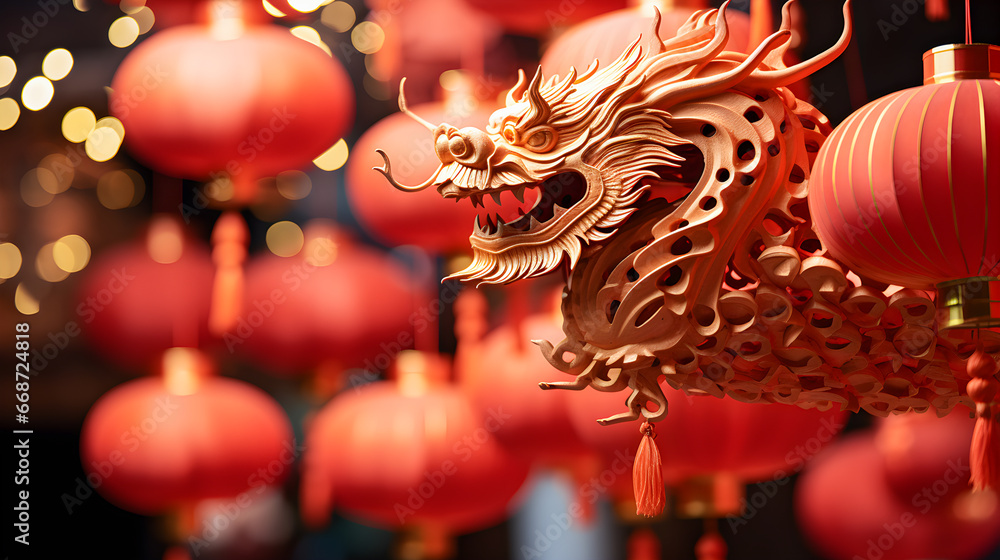 Statue of a dragon and Chinese lanterns. Celebration of the Chinese New Year, year of the Dragon. Statue of a dragon and Chinese lanterns. Celebration of the Chinese New Year, year of the Dragon.
