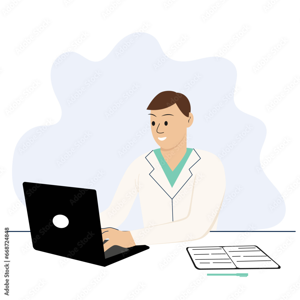 Male doctor working on laptop. Consultation with a therapist online banner concept Male doctor working on laptop. Consultation with a therapist online banner concept