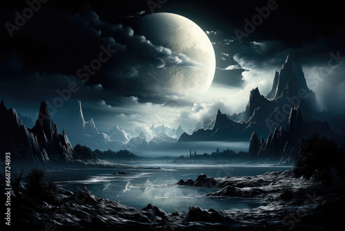 Large planet in the night sky on the background of a mountain landscape at night