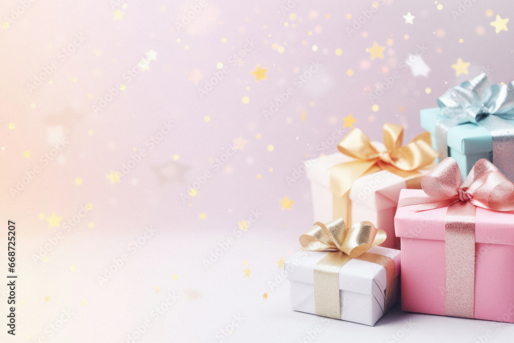 Pink gift boxes and colorful ribbons on white background with bokeh. Pink gift boxes and colorful ribbons on white background with bokeh.