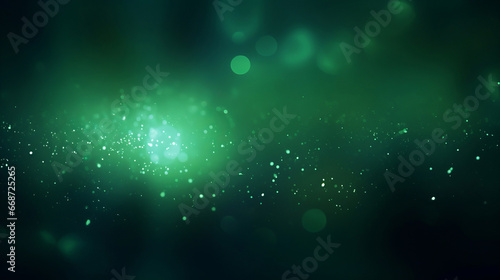 Green glitter glow particle bokeh background. Festive celebration wallpaper concept