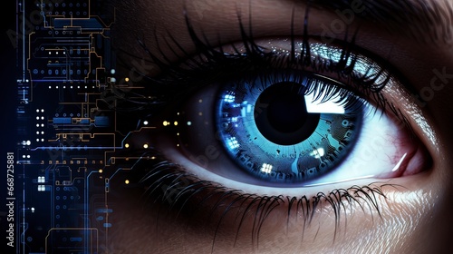 Female eye close-up, additional reality, neon. Generation AI