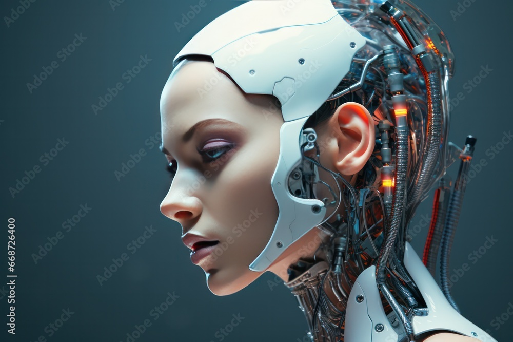 Portrait of cyber woman robot. People and robots. Person to AI interaction. Portrait of cyber woman robot. People and robots. Person to AI interaction.