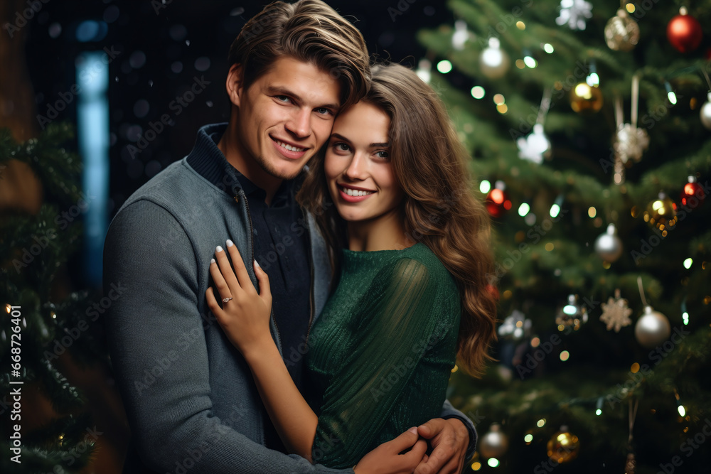a happy couple standing in front of a christmas tree a happy couple standing in front of a christmas tree