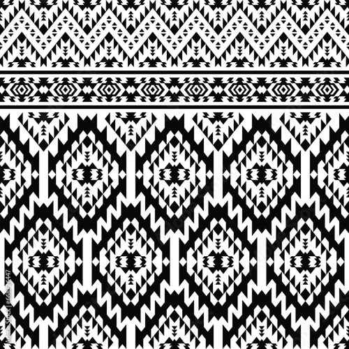Border decorative motif with Native American style. Aztec and Navajo decor. Seamless geometric ethnic pattern. Black and white colors. Design for fabric, textile, ornament, print, rug, boho, cover.