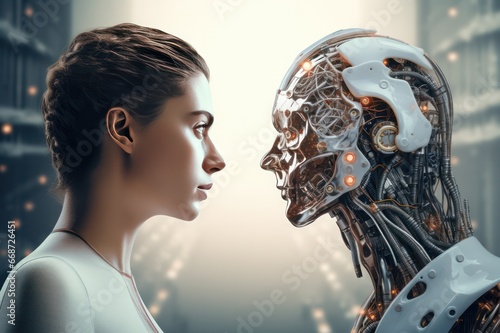 woman and artificial intelligence robot facing each other. AI versus human interaction.