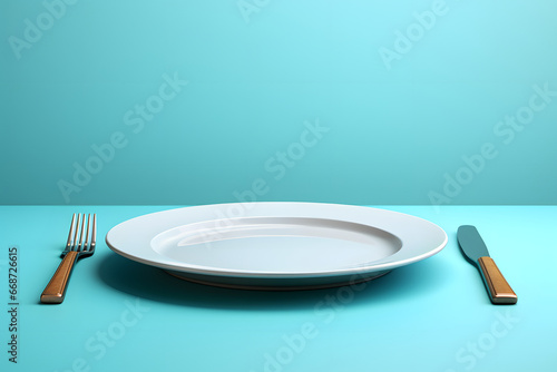 Minimalistisches Gedeck: Leerer Teller und Besteck auf neutralem Hintergrund photo