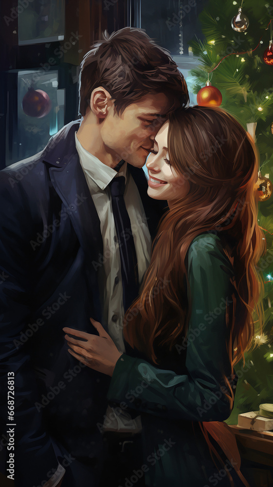 a happy couple standing in front of a christmas tree a happy couple standing in front of a christmas tree