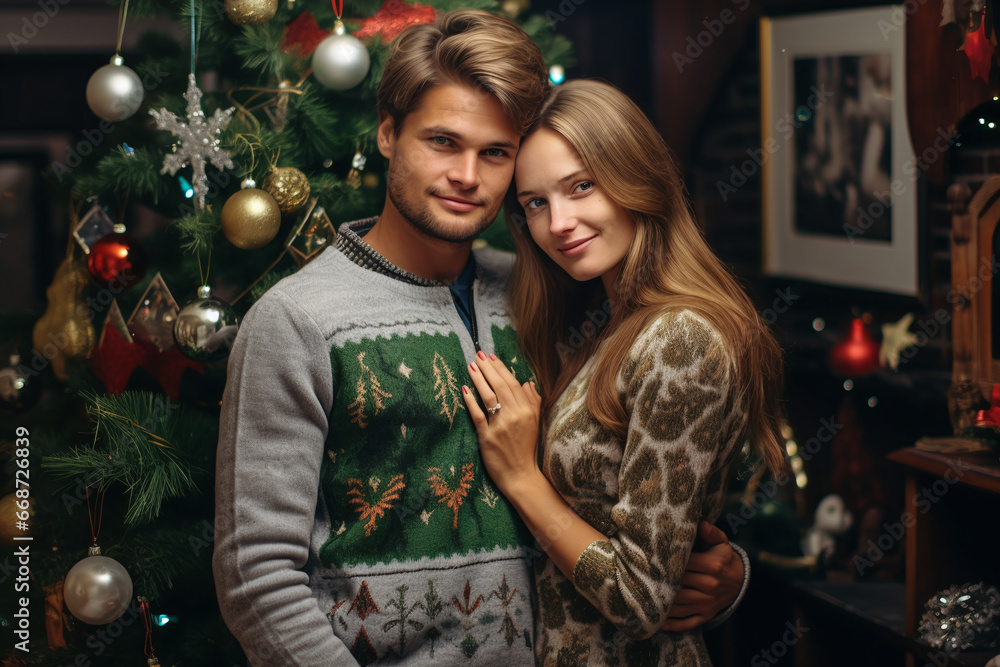 a happy couple standing in front of a christmas tree a happy couple standing in front of a christmas tree