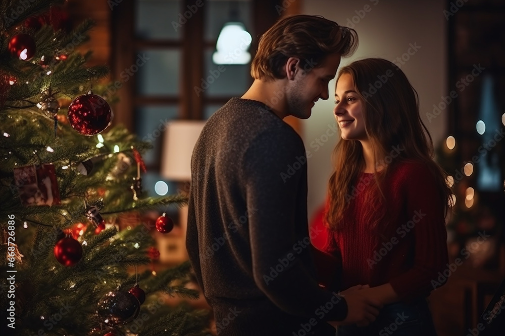 a happy couple standing in front of a christmas tree