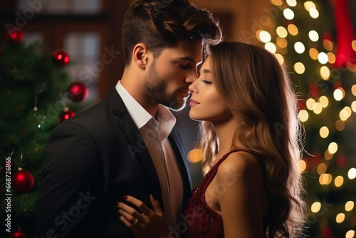 a happy couple standing in front of a christmas tree © Elements Design