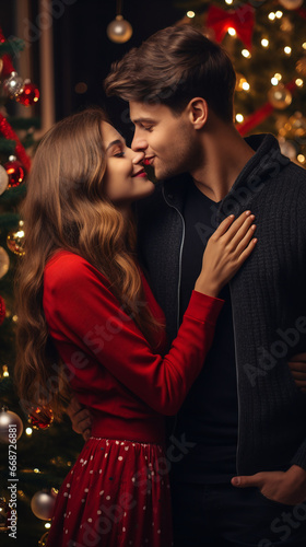 a happy couple standing in front of a christmas tree