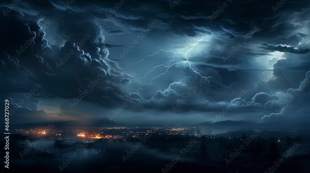 Night fantasy dramatic seascape, thunderstorm and lightning on the night sea. Generation AI
