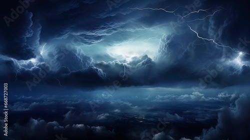 Night fantasy dramatic seascape, thunderstorm and lightning on the night sea. Generation AI © Terablete