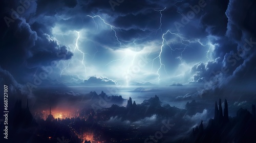 Night fantasy dramatic seascape  thunderstorm and lightning on the night sea. Generation AI