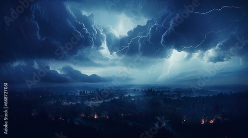 Night fantasy dramatic seascape, thunderstorm and lightning on the night sea. Generation AI © Terablete