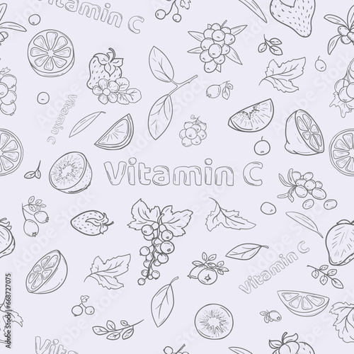 Seamless vector pattern for gift paper with berries and fruits containing vitamin C on a light background