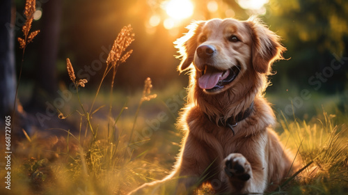 A dog lies on a meadow in the park at a sunset