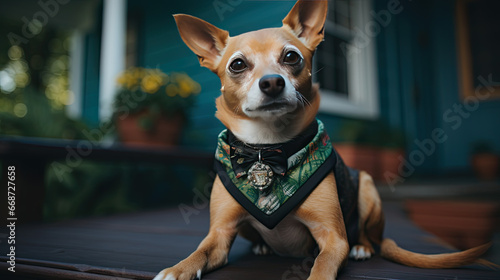 A small dog with a bandana sits on a porch