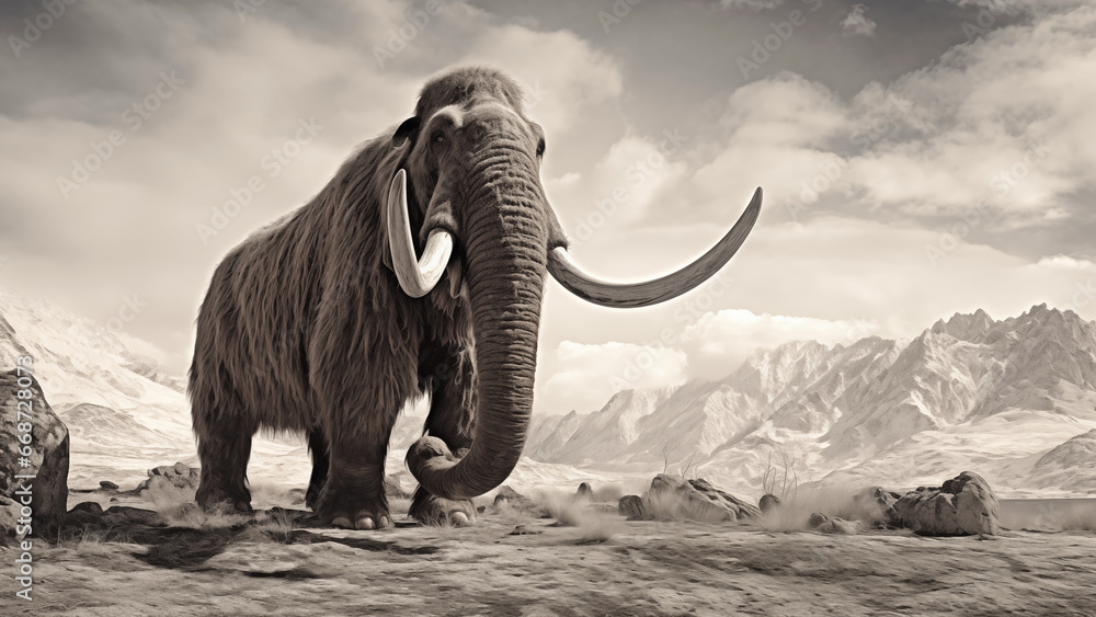 Fototapeta premium Black and white photo of an old mammoth