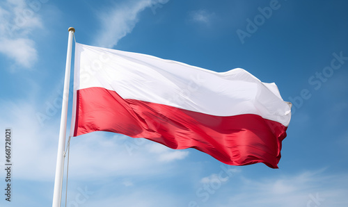 Large flag of Poland against blue sky. Independence Day November 11, Poland. Red and white polish flag blowing in wind.