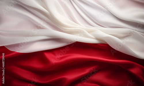 Waving flag of Poland. Independence Day November 11, Poland. Red and white fabric texture for background, copy space.