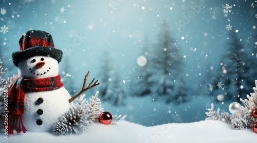 Christmas greeting. happy new year. snowman in the snow. christmas background. © Synthetica