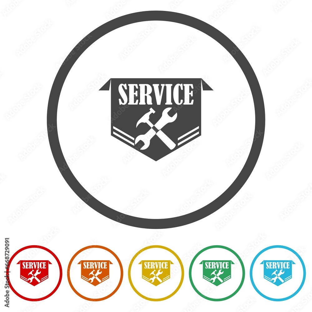 Service work repair label or logo. Set icons in color circle buttons Service work repair label or logo. Set icons in color circle buttons