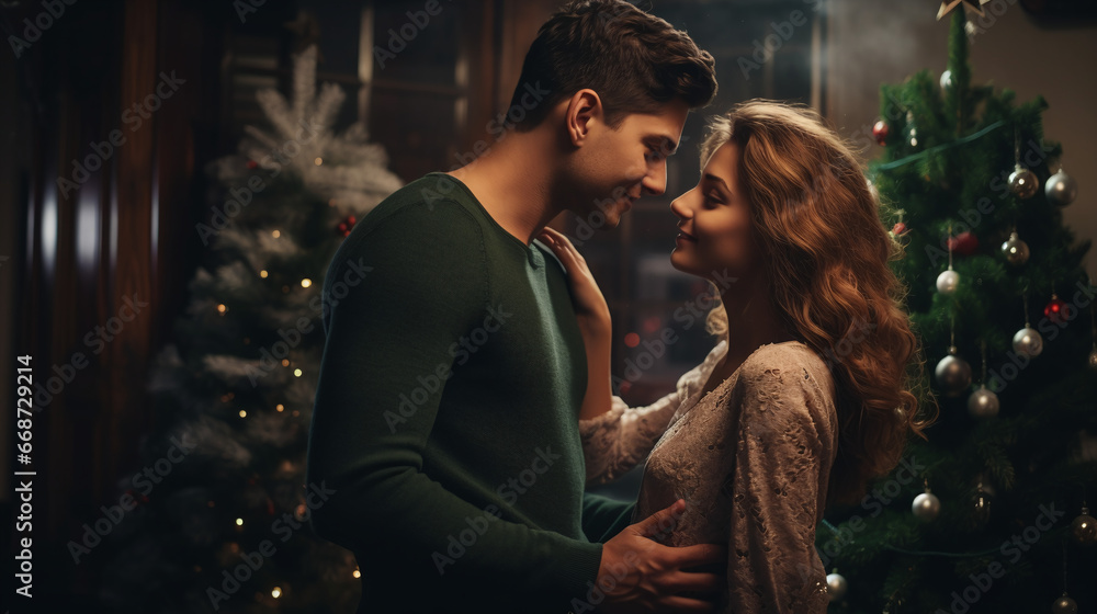 a happy couple standing in front of a christmas tree