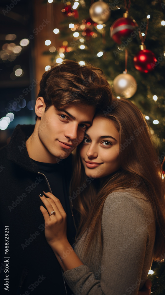 a happy couple standing in front of a christmas tree