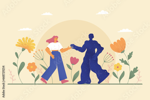 Meeting with the shadow, a metaphor for the Jungian theory of connection with the negated unconscious. A symbol of a person's duality, self-recognition. Vector texture illustration.