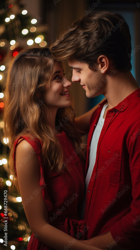 a happy couple standing in front of a christmas tree