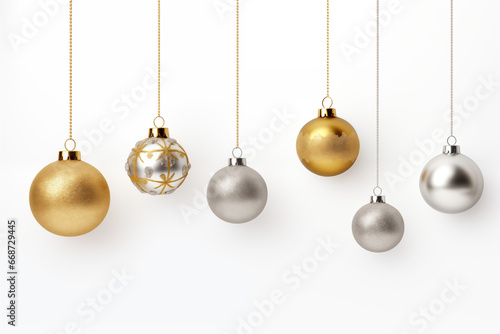 Christmas balls on a white background. Luxurious hanging trinkets with ribbon. Christmas toys