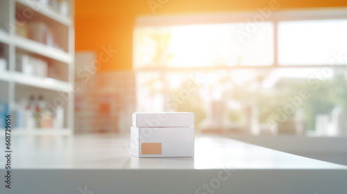 Unmarked medicine box on a pharmacy counter with blurred shelving units in the background.