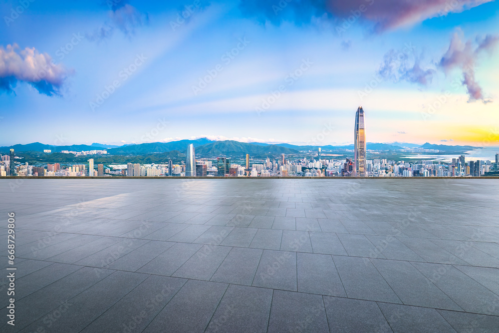 Square floor with city buildings skyline background in Shenzhen