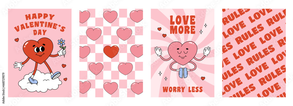 Obraz premium WebSet of Valentine Day greeting cards with groovy heart characters. Love concept. Template for poster, banner, invitation, greeting card. Vector illustration
