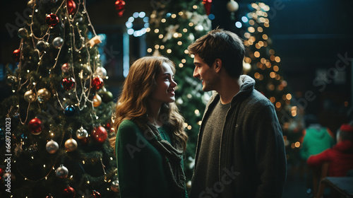 a happy couple standing in front of a christmas tree