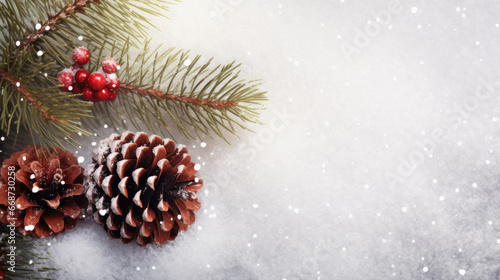Christmas background with pine tree branches, snow, snowflakes and balls.