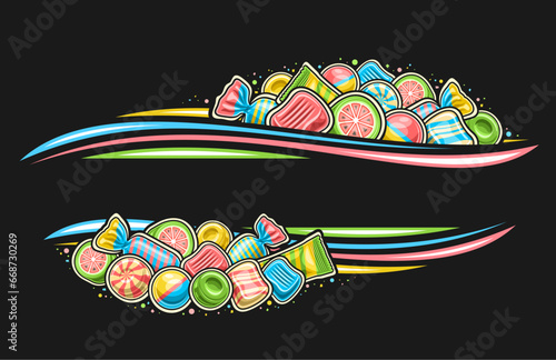 Vector border for Candy Store with empty copy space for ad text, decorative sign board with illustration of multi colored hard candies in foil package, different bubble gums and group of chewy candies