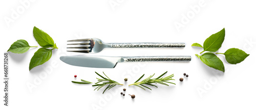 setting silverware and fresh mediterranean herb and spices with real transparent shadow isolated on transparent background. PNG cooking background design element