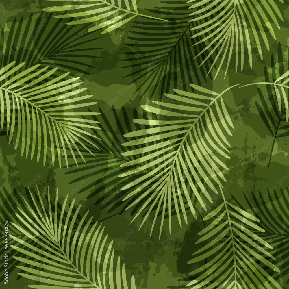 Palm Leaves Pattern. Watercolor Palm leaves seamless vector background, green jungle print textured