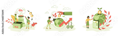 Sustainability illustration set. Characters showing ways to reduce CO2 emission through carbon tax, credit and eco investing. Low carbon and environmental responsibility concept. Vector illustration.