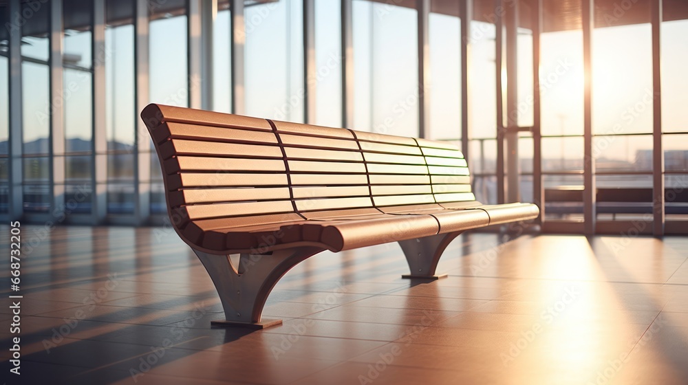 A solitary bench stands in the airport terminal.