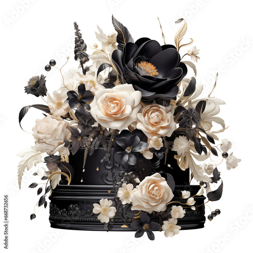 opulente festliche Torte schwarz creme mit vielen Blumen photo