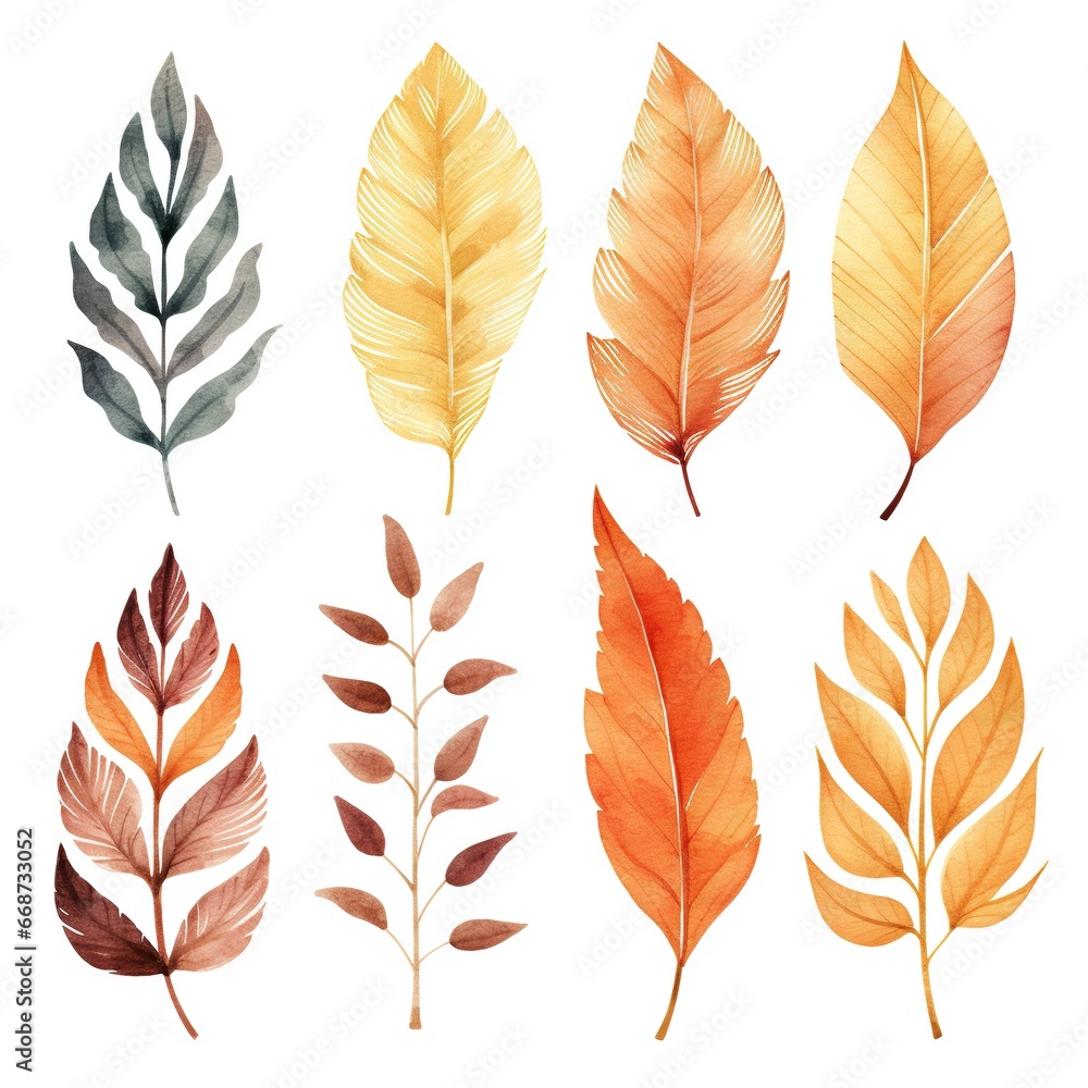 Obraz premium Collection of autumn leaves, watercolor illustration, set